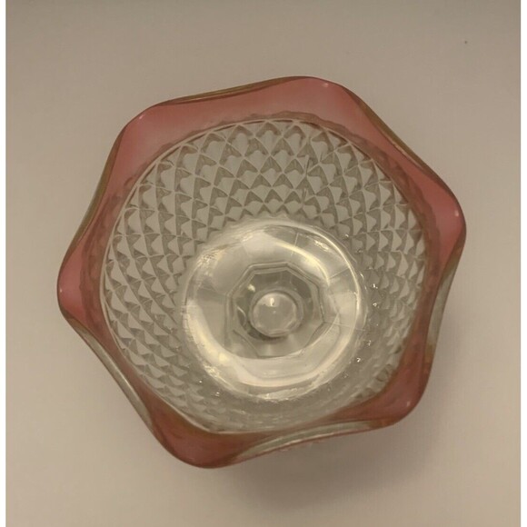 Vintage Pink Rim Crystal Cut Glass Bowl Set Scalloped Edge Pedestal Compote Dish - Picture 10 of 11